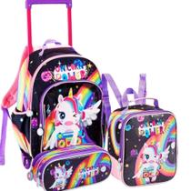 Kit Mochila Rodinha escolar Infantil 3D Unicórnio Com Lancheira Térmica e Estojo - Denlex