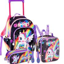 Kit Mochila Rodinha escolar Infantil 3D Unicórnio Com Lancheira Térmica e Estojo - Denlex