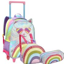 Kit Mochila Rodinha Escolar Infantil Gatinho Holográfico 3Pç Kit Mochila Rodinha Escolar Infantil Gatinho Holográfico 3Pç