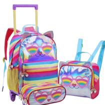Kit Mochila Rodinha Escolar Infantil Gatinho Holográfico 3Pç Kit Mochila Rodinha Escolar Infantil Gatinho Holográfico 3Pç