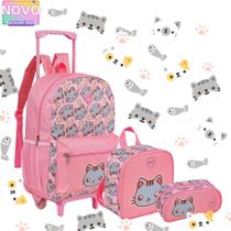 Kit Mochila Rodinha Escolar Infantil Meninas Gatinha com Lancheira e Estojo