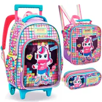 Kit Mochila Rodinha Escolar Menina Unicórnio Gamer Infantil