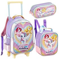 Kit Mochila Rodinha Escolar Unicórnio Infantil Lancheira e Estojo Denlex