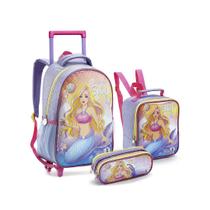 Kit Mochila Rodinha + Estojo Duplo + Lancheira Princesa Sereia Fada Sea Princess Escolar Infantil