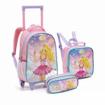 Kit Mochila Rodinha + Estojo Duplo + Lancheira Princesa Sereia Fada Sea Princess Escolar Infantil