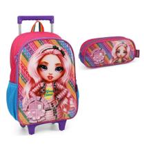 Kit Mochila Rodinha Estojo Escola Infantil Rainbow High Pink