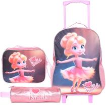 Kit Mochila Rodinha Estojo Lancheira Ballet - Rosa Claro