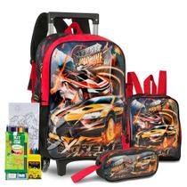 Kit Mochila Rodinha Estojo Lancheira Infantil Fast Machine Carros Fórmula 1 Wheels Menino Lançamento