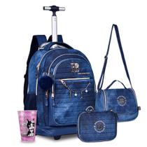 Kit Mochila Rodinha Estojo Lancheira Jeans Copo 550ml Oficial RB Meninas Lançamento Clio