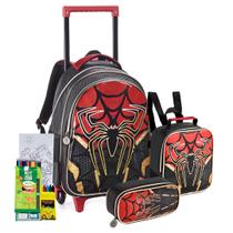 Kit Mochila Rodinha Estojo Lancheira Menino Super Aranha Dourada Herói Aventura Lançamento Escolar - Denlex