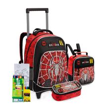 Kit Mochila Rodinha Estojo Lancheira Menino Super Aranha Vermelha Herói Aventura Lançamento Escolar