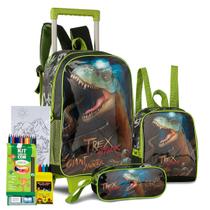 Kit Mochila Rodinha Estojo Lancheira T-Rex Attack Dinossauro Oficial Clio Lançamento Meninos