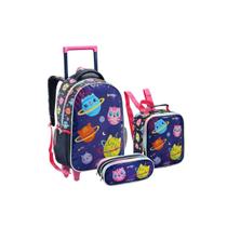 Kit Mochila Rodinha Galaxia Gatinho Unicórnio Escolar 3itens
