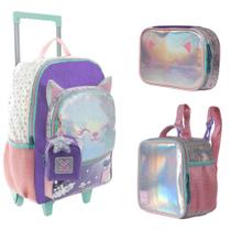 Kit Mochila Rodinha Gatinha Tween Lancheira Estojo Escolar 13960