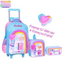 Kit Mochila Rodinha Glitter e Coração Fofo Arco-íris Grande Infantil Escolar 2026