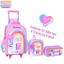 Kit Mochila Rodinha Glitter e Coração Fofo Arco-íris Grande Infantil Escolar 2026