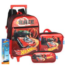 Kit Mochila Rodinha Hot Wheels Estojo + Lancheira Infantil