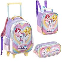 Kit Mochila Rodinha Infantil Escolar Lancheira Estojo Unicornio Power Fofinho Denlex