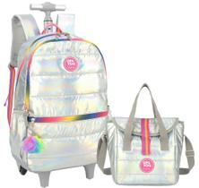 Kit Mochila Rodinha Infantil Feminina Menina Colorido Metalizado Impermeável + Lancheira Térmica Luxcel