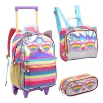 Kit Mochila Rodinha Infantil Juvenil Menina Escolar Gatinha