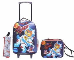 Kit Mochila Rodinha Infantil + Lancheira + Estojo Cat Space