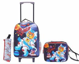 Kit Mochila Rodinha Infantil + Lancheira + Estojo Cat Space
