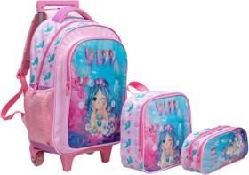 Kit Mochila Rodinha Infantil Lancheira Estojo Sereia