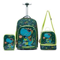 Kit Mochila Rodinha Infantil Masculina Dragão Estojo Organizador Lancheira Resistente