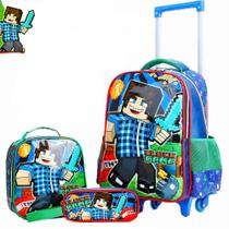 Kit Mochila Rodinha Infantil Menino Escolar Block Game 3 Peças