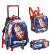Kit Mochila Rodinha Infantil Menino Foguete Space Action 2024 - Denlex