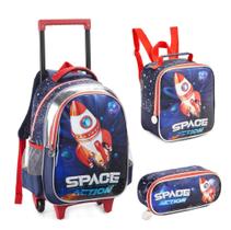 Kit Mochila Rodinha Infantil Menino Foguete Space Action