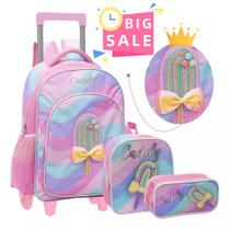 Kit Mochila Rodinha Infantis Meninas Picolé Candy Com Lancheira Térmica e Estojo