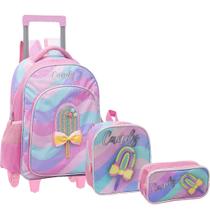 Kit Mochila Rodinha Infantis Meninas Picolé Candy Com Lancheira Térmica e Estojo