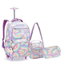 Kit Mochila Rodinha Juvenil Pompom Arco Iris Escola Meninas