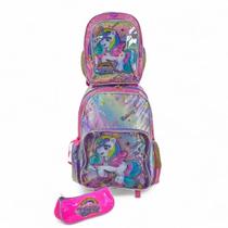 Kit Mochila Rodinha Lancheira Bolsinha Unicornio Rosa/Lil