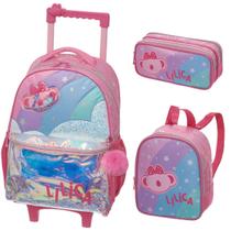 Kit Mochila Rodinha Lancheira Costas Estojo 2 Divisórias Escolar Lilica Ripilica Original Super Star