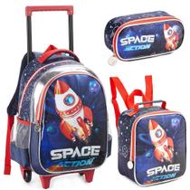 Kit Mochila Rodinha Lancheira Estojo Astronauta Space Nasa