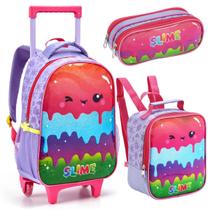 Kit Mochila Rodinha Lancheira Estojo Duplo Escolar Infantil Menina Feminina Slime Roxo