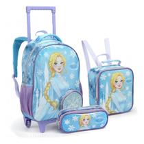Kit Mochila Rodinha Lancheira Estojo Duplo Infantil Princesa Frozen Seanite