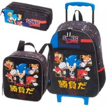 Kit Mochila Rodinha Lancheira Estojo Duplo Sonic Go Fast