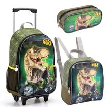 Kit Mochila Rodinha Lancheira Estojo Escolar Menino Infantil Dinossauro Rex Seanite