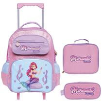 Kit Mochila Rodinha Lancheira Estojo Infantil Escolar Menina Ariel Pequena Sereia Mermaid Yins