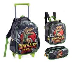 Kit Mochila Rodinha Lancheira Estojo Infantil Menino Dinossauro Jungle Denlex