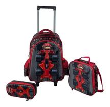 Kit Mochila Rodinha Lancheira Estojo Infantil Resistente Menino Carro Formula1 Santino