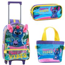 Kit Mochila Rodinha Lancheira Estojo Infantil Stitch Yepp