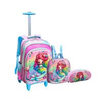 Kit Mochila Rodinha Lancheira Estojo Sereia Escolar Meninas