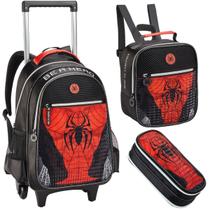Kit Mochila Rodinha Lancheira Estojo Spider Red Masculino