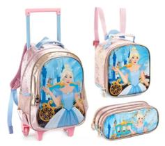 Kit Mochila Rodinha Lancheira Térmica Estojo Duplo Infantil Escolar Menina Princesa Cinderela