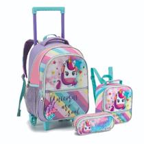 Kit Mochila Rodinha Lancheira Térmica Infantil Estojo Escolar Menina Unicórnio Lilás Denlex Pop It