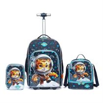 Kit Mochila Rodinha Leão Astronauta Menino Moda Infantil Escolar Lancheira Térmica Estojo Organizador